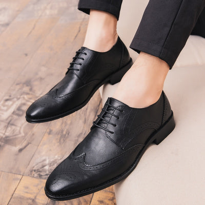 Plus Size Black Dress Shoes For Men British Designer Leather Men Brogue Elegant Shoes Comfort Pointed Toe Wedding Flats