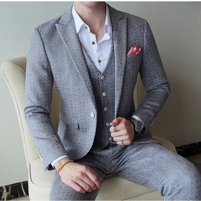 Gray Khaki Green Plaid Suit Men 2019 Spring Autumn High Quality Groom Wedding Suit Slim Fit 3 Pieces Mens Casual Suits Q531