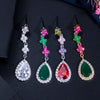 Beautiful Green and Red CZ Zirconia Stone Jewelry 4 Leaf Long Drop Party Necklace Earrings Sets for Women