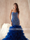 Strapless Royal Blue Colorful Beading Mermaid Prom Dresses Ruffled Organza Plus Size Famous Evening Gowns Party Gowns