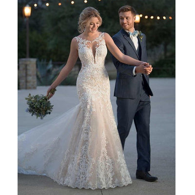 LORIE 2019 Summer Mermaid Wedding Dresses Lace Appliques Bridal Gowns Lace Wedding Dresses Custom made Plus size