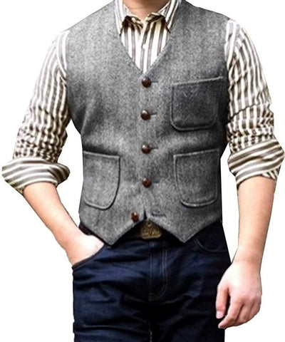 New Men's Suit Vest V Neck Wool Herringbone Tweed Casual Waistcoat Formal Business Vest Groomman For Green/Black/Brown/Coffee+++