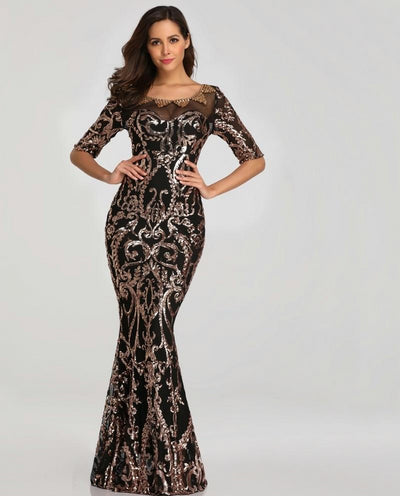 New 2019 Sequins Party Formal Dress Half Sleeve Beads Long Evening Dresses