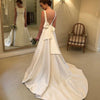 Cheapest Boho A-line Jewel Backless Wedding Dress Chapel Train Satin Bridal Dress Bow On Back Country Wedding Bride Dresses