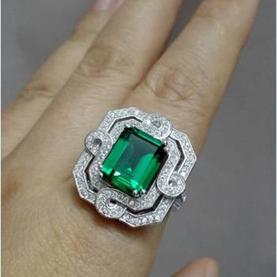 2017 Qi Xuan_Fashion Jewelry_Luxury Rectangular CZ Green Stones Rings_S925 Solid Sliver CZ Green Rings_Factory Directly Sales