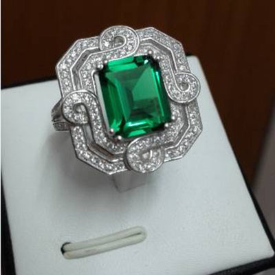 2017 Qi Xuan_Fashion Jewelry_Luxury Rectangular CZ Green Stones Rings_S925 Solid Sliver CZ Green Rings_Factory Directly Sales