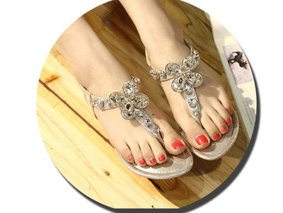UMMEWALO Sandals Women Summer Rhinestone Heel T-strap Flip Flops Beach Thong Wedge's Shoes