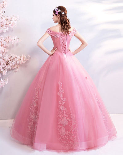 Walk Beside You Pink Appliques Prom Dresses Ball Gown Off Shoulder Long Sweetheart Evening
