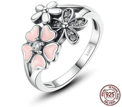 BAMOER Fashion 925 Sterling Silver Pink Flower Poetic Daisy Cherry Blossom Finger Ring for Women #6 7 8 9 Size Jewelry SCR004