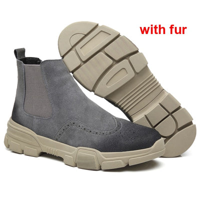 New Men Chelsea Boots Cow suede Male Ankle Boots Slip-on Casual Man Shoes Winter Warm fur Men Big Size Martin Boots   0171
