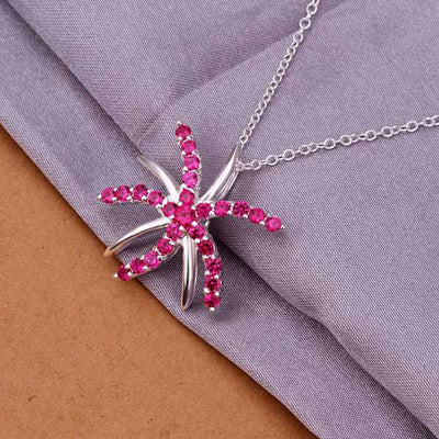 Free Shipping!!Wholesale 925 Silver Necklaces & Pendants,925 Silver Fashion Jewelry,Inlaid Stone Starfish Necklace SMTN334
