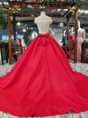 Walk Beside You Red Wedding Dresses Satin Ball Gown Off Shoulder Sweetheart Lace Appliques Beaded Bow robe Mariage Bridal Gowns