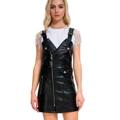fashion leather dress Women Soft PU Faux Leather Dress 2019 new strap V-neck