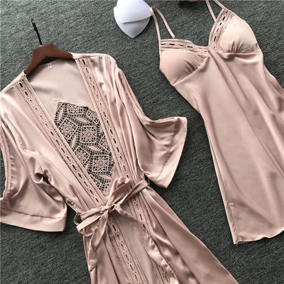 2019 Women Robe & Gown Sets  Lace Sleep Lounge Pijama Long Sleeve Ladies Nightwear Bathrobe Night Dress