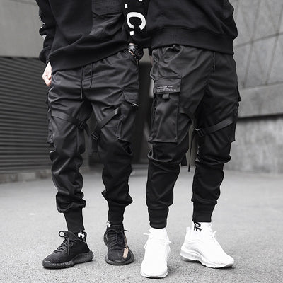 Men Ribbons Color Block Black Pocket Cargo Pants 2019 Harem Joggers Harajuku Sweatpant Hip Hop Trousers