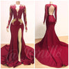 Vintage Burgundy Mermaid Evening Dresses 2019 Robe De Soiree Long Sleeve Formal Gowns Women Backless Special Occasion Dress
