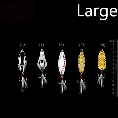 5pcs/lot Boxed Metal Spoon Fishing Lure Hard Baits Spinner Sequins Noise Paillette with Feather Treble Hook Fishing Tackle