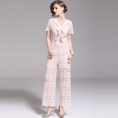 Women Elegant Lace Jumpsuits New Brand 2019 Summer Fashion Ruffles Short Sleeve Female Casual Rompers N909