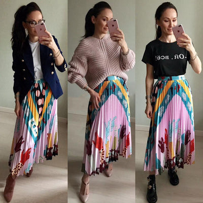 2019 Summer Fashion Runway Designer High Quality Women's Elegant Stunning Pattern Printing Pleated Slim Skirt All-matched Saia