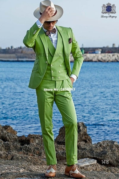 New Arrival Groomsmen Peak Lapel Groom Tuxedos Light Green Men Suits Wedding Best Man Blazer ( Jacket+Pants+Tie+Vest ) C97