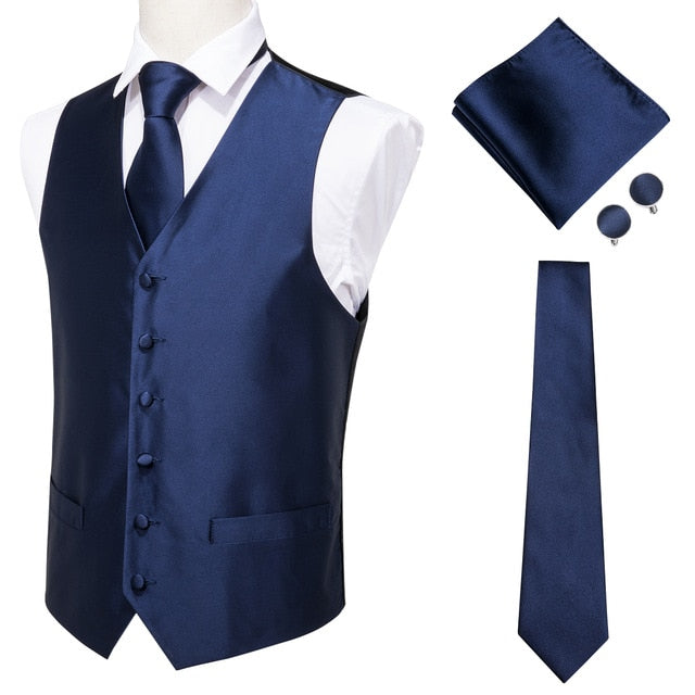 Men's Classic Blue Silk Jacquard Waistcoat Vest Handkerchief Cufflinks ...
