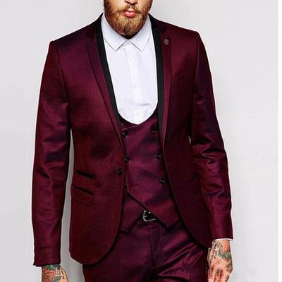 New Fashion Burgundy Groomsmen Suits Notch Lapel Groom Tuxedos Men Wedding Suits Cheap Prom Party Suit (Jacket+Pants+Vest)