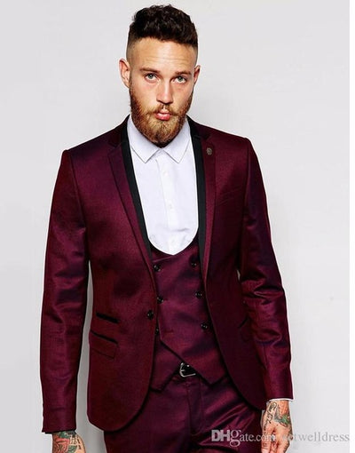 New Fashion Burgundy Groomsmen Suits Notch Lapel Groom Tuxedos Men Wedding Suits Cheap Prom Party Suit (Jacket+Pants+Vest)