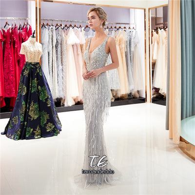 V Neck Mermaid Tulle Prom Dresses  Zipper Keyhole Back Sequins Tassel Crystals Evening Formal Party Dress