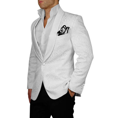 Groomsmen Dark Ivory Pattern Groom Tuxedos Shawl Hot Pink Lapel Men Suits 2 Pieces Wedding Best Man ( Jacket+Pants+Tie ) C589