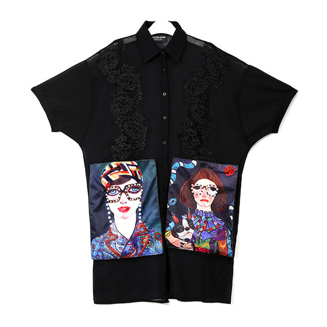 2019 Women Summer Black Casual Chiffon Shirt Dress Cartoon Pockets Half Sleeve Plus Size Female Midi Party Club Dress Robe 3456