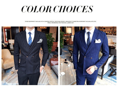 Plyesxale Men Double Breasted Suit 3 Pieces Wedding Suits For Men Slim Fit Mens Striped Suit Blue Black Formal Dress Wear Q276