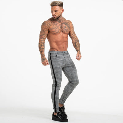 Gingtto Mens Chinos Slim Fit Skinny Pants For Men Chino Trousers Plaid Design Fashion Grey With Stripe at Side zm353