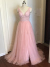Beading Prom Dresses 2019 V neck Pink High Split Tulle Sweep Train Sleeveless Evening Gown A-line Lace Up Backless Vestido De