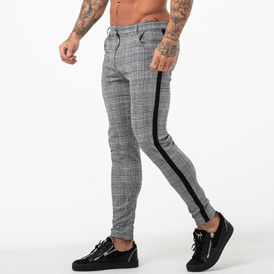 Gingtto Mens Chinos Slim Fit Skinny Pants For Men Chino Trousers Plaid Design Fashion Grey With Stripe at Side zm353