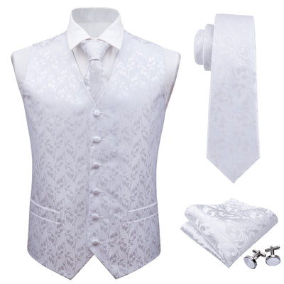 Barry.Wang Mens Classic White Floral Jacquard Silk Waistcoat Vests Handkerchief Party Wedding Tie Vest Suit Pocket Square Set