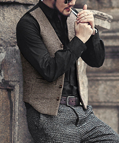 Mens Suit Vest V Neck Wool Brown Single-breasted Houndstooth Waistcoat Casual Formal Business Groomman For Wedding