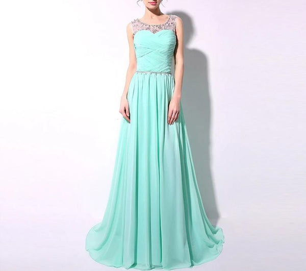 Mint Long Evening Dresses Cheap In Stock Beaded Crystals Floor Length ...
