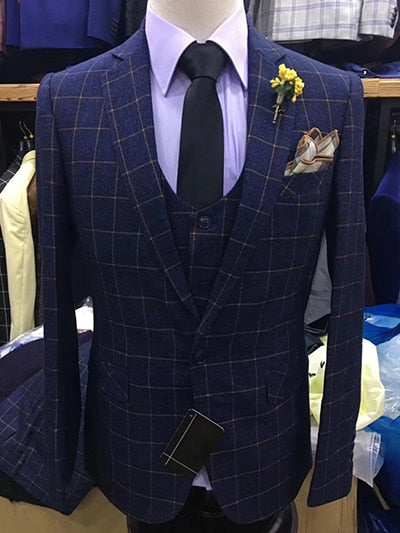 Slim Fit Royal Blue Wedding Suits For Men Classic Business Plaid Tuxedos Groom Formal Party Prom Men Suits Ternos Masculino 3PCS